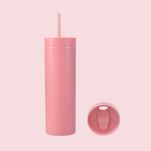 Plastic Cup Frosted Straight Cup Body Double Layer SKINNY16oz Sports Drink Cup Cross-border in stock Straight Cup with Straight Straight Straw
