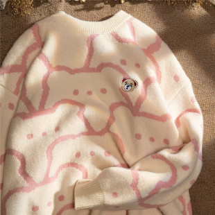 Cute bear soft Nuo pullover women's vintage Japanese sweater round neck versatile top lazy style coat fashion