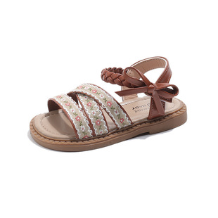 2025 Summer Korean Style Children's Velcro Sandals Girl's Bow Soft-soled Pastoral Style Small Floral Princess Sandals