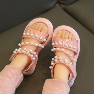 Girls' sandals 2024 Summer new children's Pearl Princess little girl deodorant super soft bottom middle and big Children beach shoes