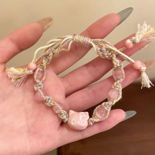 New Chinese Style Blue Kitten Beaded Bracelet Cute Fun Cute KT Cat Colorful Woven Rope Girl's Heart Jewelry Sweet