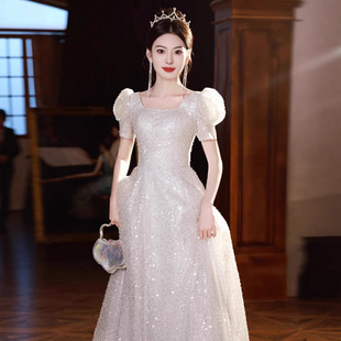 French Silver Grey Sequin Evening Dress Light Luxury Niche Host Performance Birthday Art Examination Graduation Princess Dress Summer