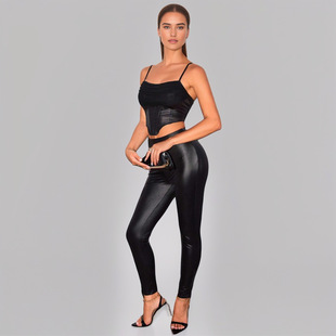 European and American Amazon Foreign Trade AliExpress Black Camisole Backless High Waist Leggings Pants suit Two-piece Set