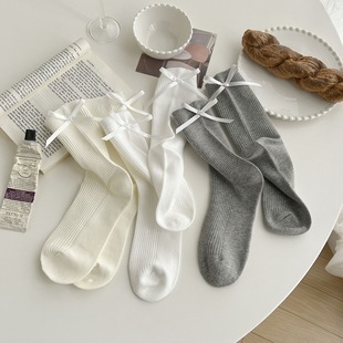 White bow socks women's tube socks summer thin solid color ins trendy ballet style miu long tube pair socks