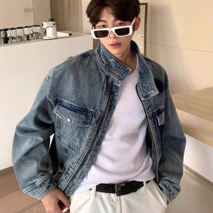 Men's New American Heavy Duffy Washed Split Multi-Pocket Motorcycle Style High Collar Profile regular Denim Jacket
