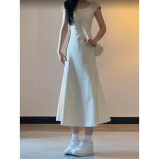 French Style Square Collar Waist dress Women's 2025 Summer New High-end Gentle Waisted Slimming Sheath Long Dress