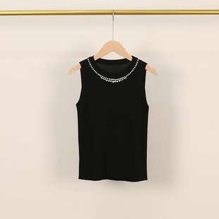 Quzhu Ice Silk Knitted Small Camisole Vest Women's Spring and Summer Solid Color Sleeveless Slim-fit Nail Bead Small Chanel Style Base Shirt