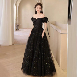French Style Light Evening Dress Women's 2024 Black High-end High-end Light Luxury Niche Graduation Adult Flash Banquet