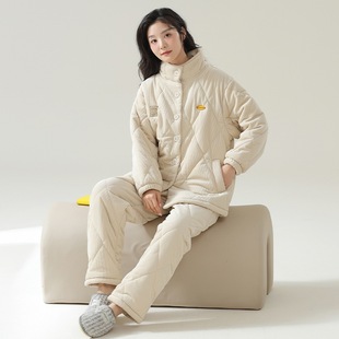 [Quilted warm clothes] couple pajamas winter three-layer quilted coral fleece fleece-lined thickened warm striped home wear