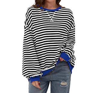 Cross-border European and American Amazon T-shirt Summer Women's 2024 Spring and Summer Loose Striped New Long Sleeve Round Neck Women's T-shirt