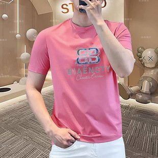 Summer 2025 Handsome mercerized cotton men's letter T-shirt round neck light luxury short sleeve new fashion slim trend