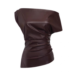 Nana's Same Style/Blogger's Favorite 25 Nanyou Women's Sexy Asymmetrical Slanted Shoulder Hem Pleated Slim Leather Top
