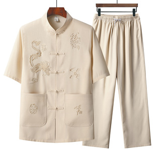 Tang Suit Men's Middle-aged and Elderly suit Grandpa Summer Chinese Style Dad Suit Casual Loose Thin Short-sleeved Hanfu
