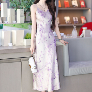 Summer Classy Acetate Silk Satin Suspender Dress for Women, Elegant V Neck Slimming Look Floral Sleeveless Long Dress