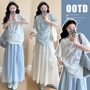 2025 Summer New Short-sleeved Loose Bow T-shirt Pig Nose Buckle Dress Two-piece Set Pregnant Women suit