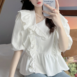 Korean Style Instagram Ins Ruffled plus size Chiffon Short-Sleeved T-Shirt Women's Summer Belly-Covering Slim Puff Sleeve Doll Shirt Top
