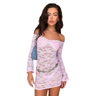 2025 Early Spring European and American Women's Sexy Lace Perspective Long Sleeve Slim-fit Short dress