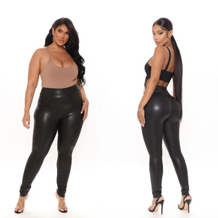 Amazon Autumn New imitation leather stretch pants pleated yoga pants European and American bottoming women's pants leggings