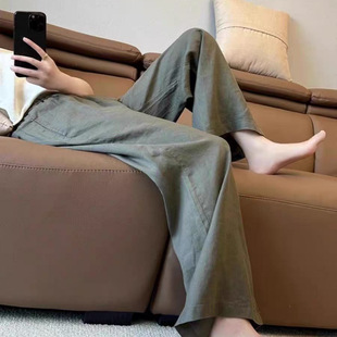 Lazy Style High-End Gray Green Linen Casual Pants for Women 2025 New High-Waist Slim Loose Straight Wide-Leg Pants
