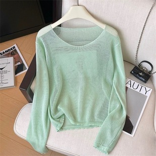 Macaron Color Hollow-out Sweater Women's Summer Loose Breathable Comfortable Lightweight Long-sleeved T-shirt Sunscreen Blouse