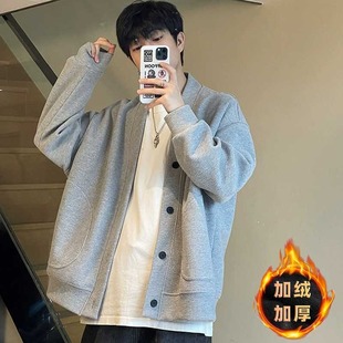 Autumn and Winter Cardigan Sweater Men's Loose V-neck Long-sleeved Ins Fashion Brand fleece-lined All-match Handsome Couple Hong Kong Style Lazy Clothing