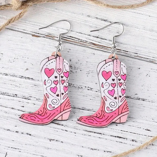 Cross-border Hot Sale Western Style Pink Love Flower Leaves Double-sided Pattern Cowboy Boots Wooden Earrings Fashion Gift