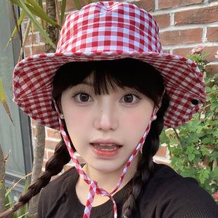Sweet Plaid Fisherman Hat for Women, Anti-Uv, Large Brim, Sun Protection Hat, Versatile Spring and Summer Sunshade Basin Hat, Small Face