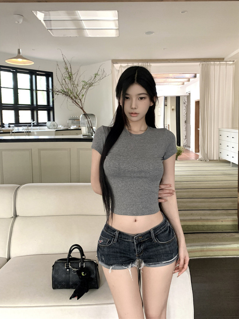 Craftsman-Made Cross-Border Round-Neck, Off-The-Shoulder, Cropped Short-Sleeve T-Shirt for Women, 2025 Summer New Sweet and Spicy Style Foreign Trade Top Trend