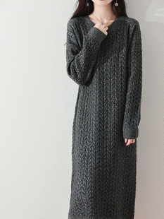 Crewneck Fashion Long Dress Women's Autumn and Winter New Mid-length Pure Wool Long Dress Elegant Twist Raglan Sleeve Base Dress