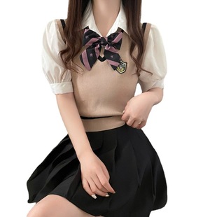 POLO collar fake two-piece sweater women's summer new French puff sleeve short slim fit short sleeve chic top