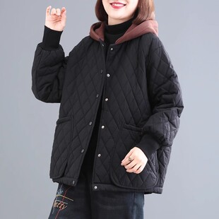 2023 Winter new artistic retro loose plus size women's clothing diamond-shaped hooded quilted thickened cotton-padded coat