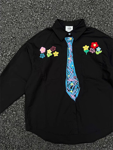 Crayon graffiti tie shirt men's long-sleeved high-end sense of ruffian handsome embroidered shirt meter sense of niche lovers coat 」