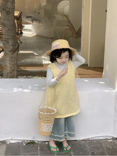 Girls' 2024 Spring and Summer New Korean Style Children's Wear Tender Goose Yellow Sweater Vestibute Dress Korean Children's Knitted Dress