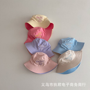 Korean Children's Double-Sided Fisherman Hat Spring and Summer Embroidered Smiling Face for Boys and Girls Travel Sunscreen Sunshade Personalized Foreign Style Pot Hat