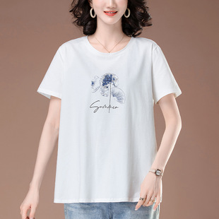 Short-sleeved T-shirt Women's Summer New Plus Size Women's Loose Cotton Printed Casual T-shirt for Middle-aged Mom 6340