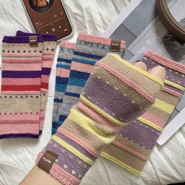 Fingerless Multicolor Striped Wool Knit Warm Gloves Manufacturer Cross-Border Women's Student Writing Game Open-Hole