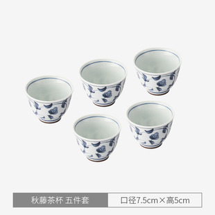 Japanese Imported Changsi Burned Tea Cup Five-piece Set Japanese Household Ceramic Cherry Blossom Blue Plum Kung Fu Tea Cup Set