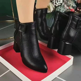 2024 Autumn and Winter New Pointed High-heeled Ankle Boots Women's Thick-heeled Leather Shoes fleece-lined Leather Shoes Soft Leather Naked Boots Martin Boots