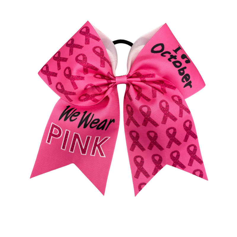 Cross-Border Pink Letter-Printed Ribbon Breast Cancer Awareness Bow Hair Tie Versatile High-Elastic Hair Accessory
