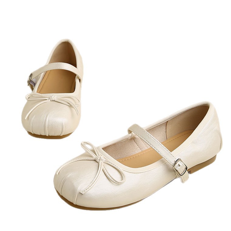 Cowhide Soft-Soled Women's Shoes That Are Not Tiring for the Feet, Summer Shallow-Mouthed Flats Shoes, Ballet Shoes with Skirts, French Mary Jane Shoes