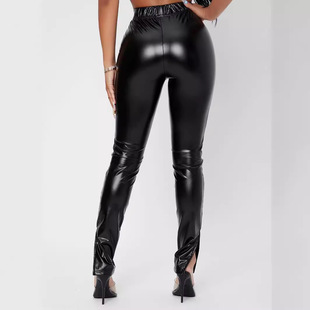 New PU Slim Fit Pants Leg Split Leather Pants Design Women's High Waist Elasticated Casual European and American Women's Leggings Trousers