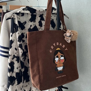 2025 New Bubble Mart Tote Bag Large Capacity Retro Corduroy Shoulder Handbag Crying Baby Factory Series