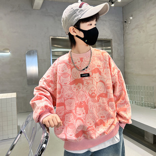 Boys' Graffiti Sweater 2025 New Arrival Handsome Spring and Autumn Top Big Children's Autumn Cool Western Style Base Shirt Trendy