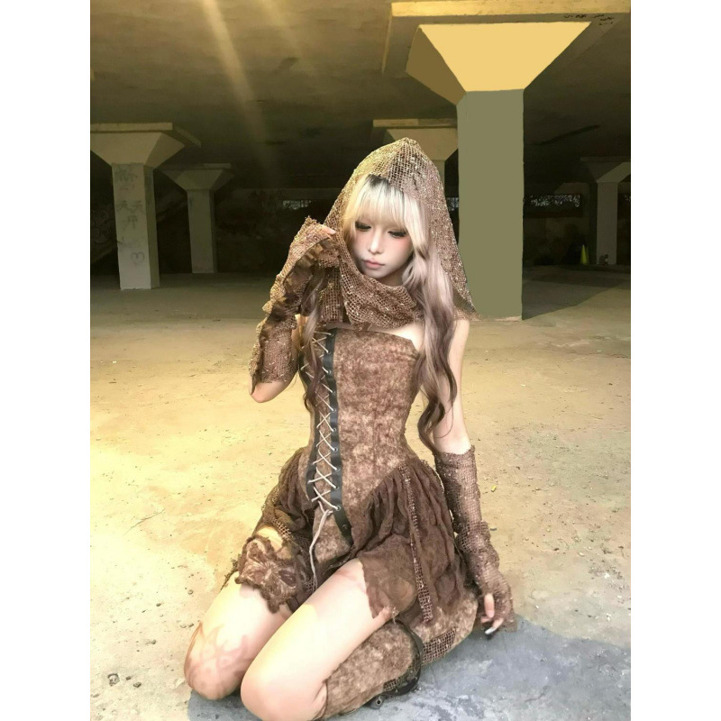 WASTE DUNE Spice Girl Vintage Dressed Tie-Dye Irregular Lace-Up Strapless Shorts Shawl Turban suit