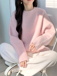 [Cashmere] Light Pink Crewneck Sweater Women's Soft Waxy Gentle Korean Style Autumn and Winter Loose Lazy Style Pullover Knitted