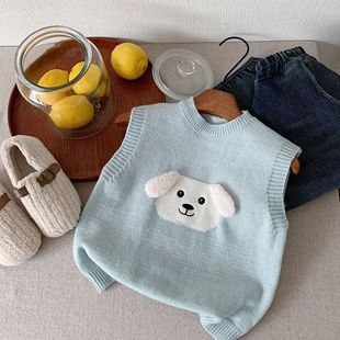 2024 autumn and winter new Korean children's cartoon puppy knitted vest for boys and girls cute round neck vest tide
