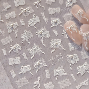 Crystal Diamond Pearl nail stickers three-dimensional Japanese nail stickers with adhesive white wedding nail lace ribbon bow