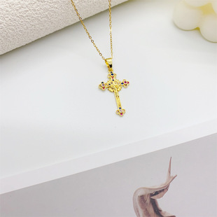 Amazon Temu Hot Sale New Full Diamond Zircon Cross Pendant Necklace Stainless Steel Collarbone Chain sweater chain