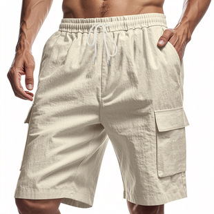 Cross-Border American Style Multi-Pocket Overalls Men's Outdoor Sports Casual Loose Solid Color Linen Overalls Shorts