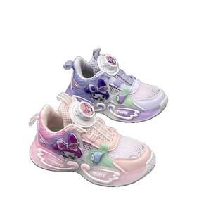 Girls' sneaker Cartoon Cute Merleti Lighting Rotating Button Children's Shoes Through Net Light Bottom Girls' Campus Mesh Surface